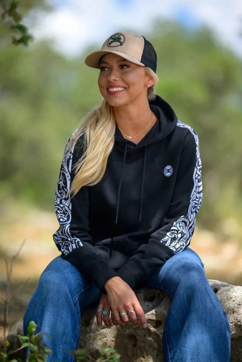 Hooey Women's Black With White Filigree Pattern Canyon Hoodie 1