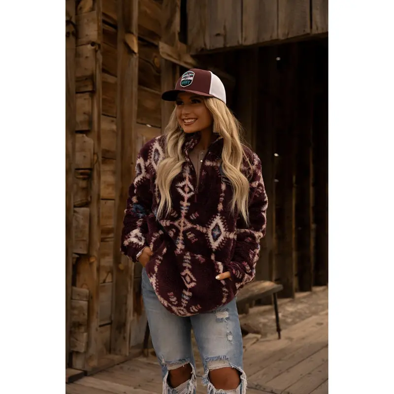 Hooey Women's Maroon Aztec Fleece Pullover 1