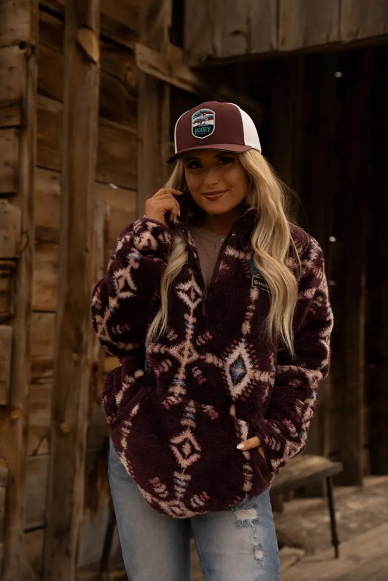 Hooey Women's Maroon Aztec Fleece Pullover 3