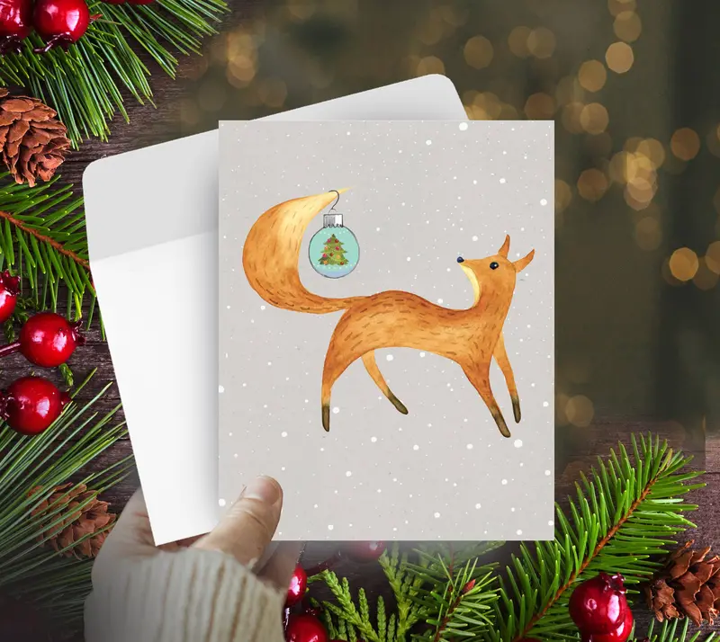 Horse Hollow Press - Fox Christmas Card / Ball Hanging From Tail / Holiday Card 1