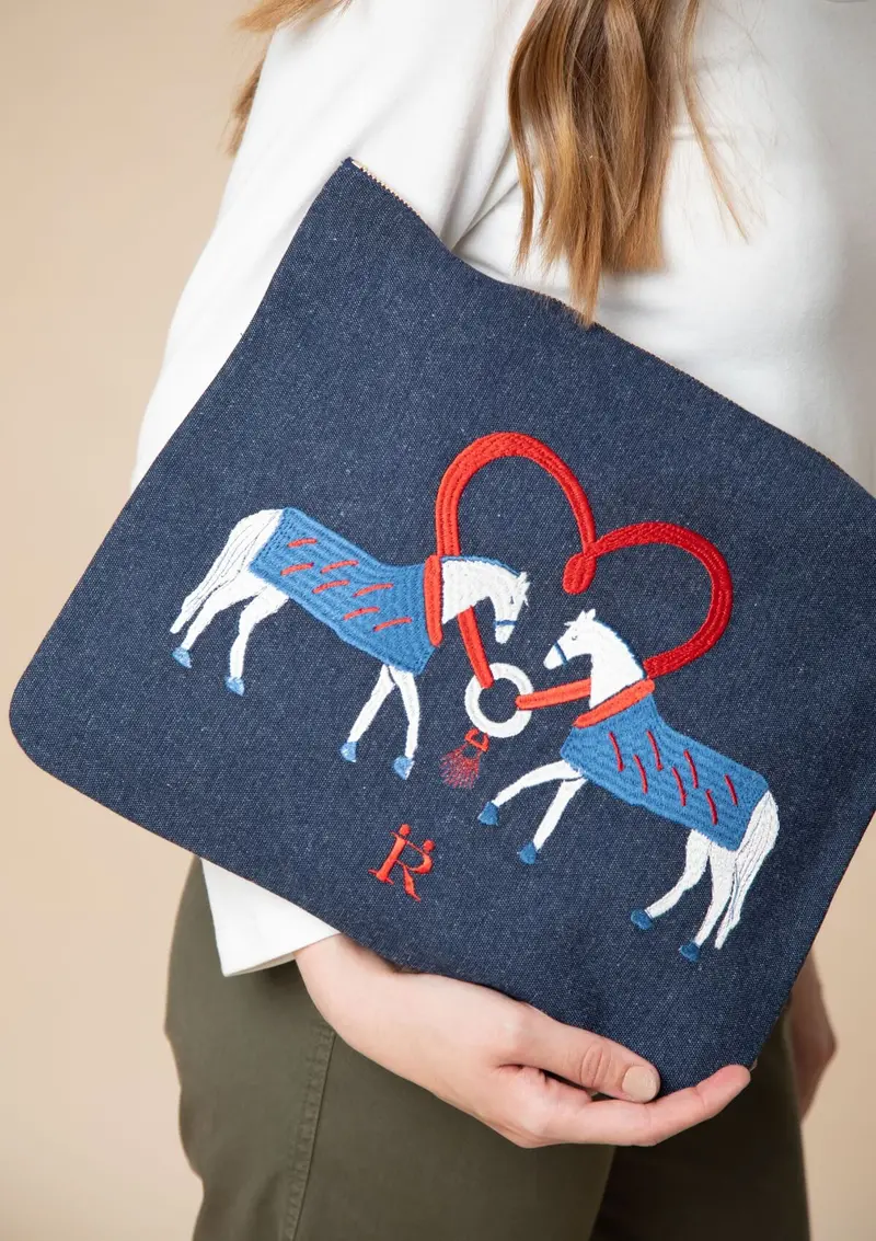 Horse Kiss Embroidered Pouch | Blue 1
