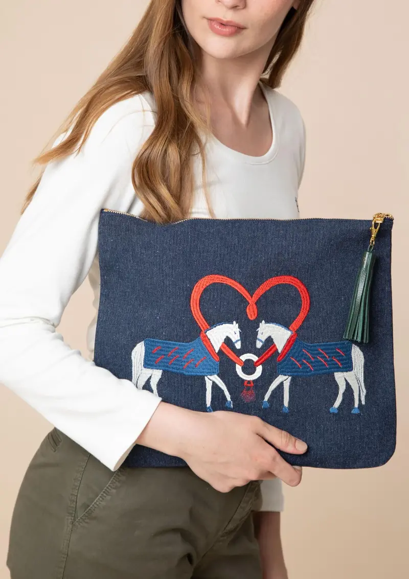 Horse Kiss Embroidered Pouch | Blue 2