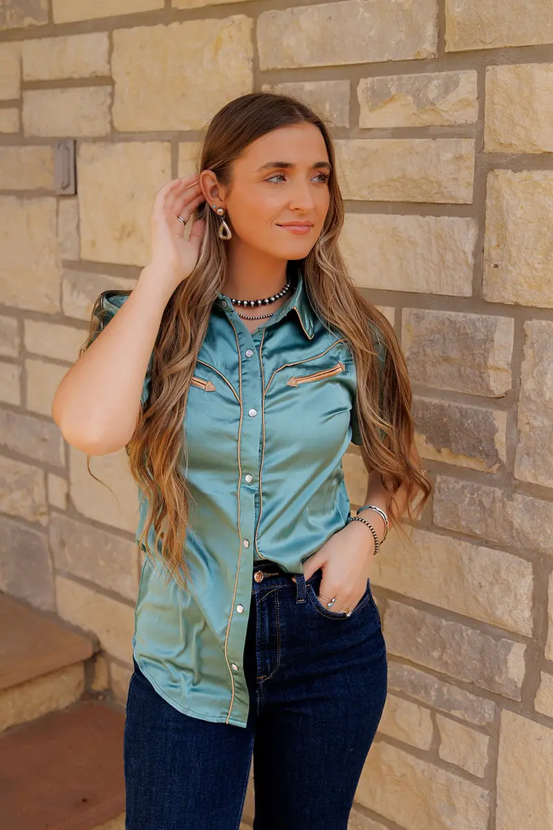 Howdy Hanny Women's Aqua Satin Pearl Snap Shirt 1