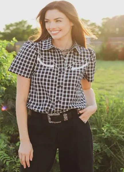 Howdy Hanny Women's Black Gingham Pearl Snap Top 1