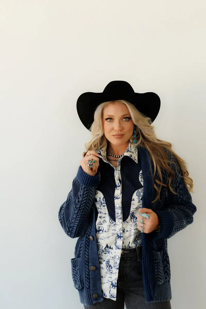 Howdy Hanny Women's Denim Corded Concho Button Cardigan 1