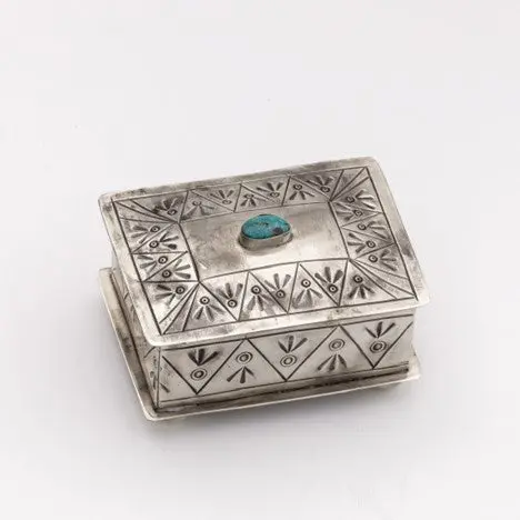 J. Alexander Rustic Silver Small Stamped Box With Turquoise 1