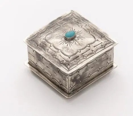 J. Alexander Rustic Silver Square Stamped Box With Turquoise 1