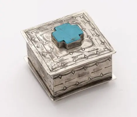 J. Alexander Rustic Silver Turquoise Cross Square Stamped Box 1