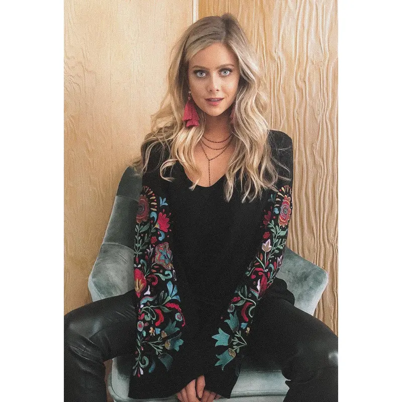 Judith March Black Rayon Twill Top With Floral Sleeves 1