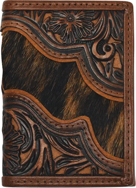 Justin Floral Tooled And Brindle Hair On Trifold Wallet 1