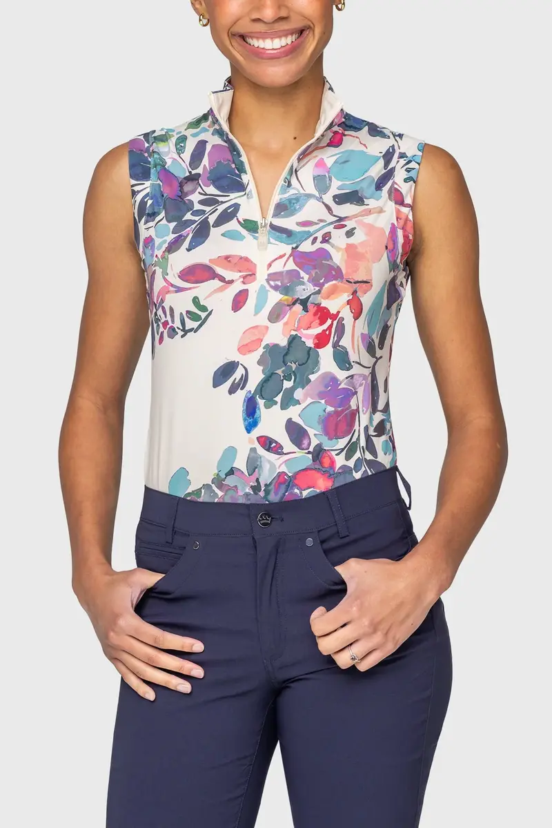 Kastel Amethyst Watercolor Floral Ruched Back 1/4 Zip Tank 1