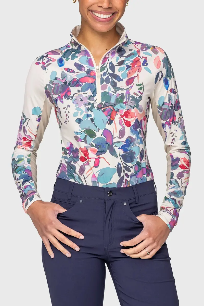 Kastel Long Sleeve Amethyst Watercolor Floral 1/4 Zip 1