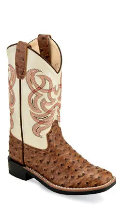 Kids (8.5-3) Tan Ostrich Print Sq Toe Boot 1