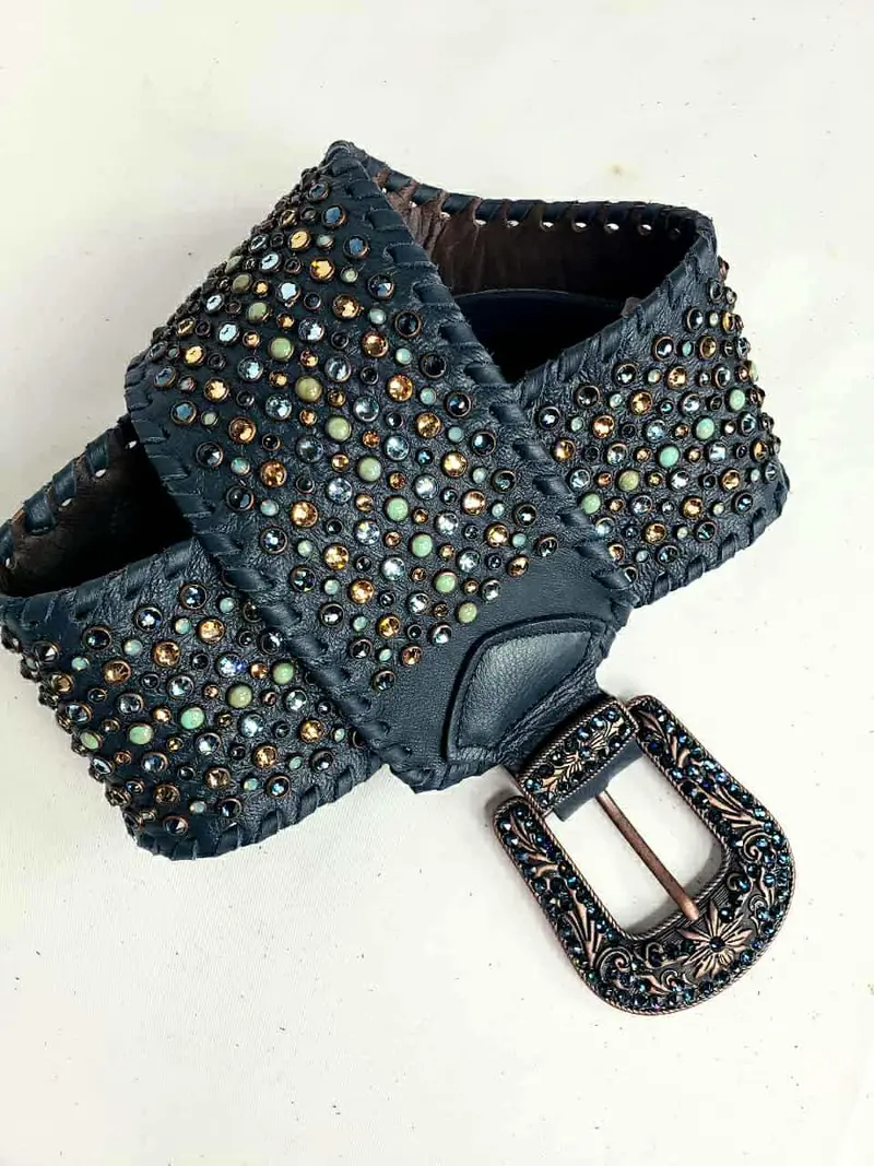 Kurtmen Navy Crystal Studded Wide Belt 1