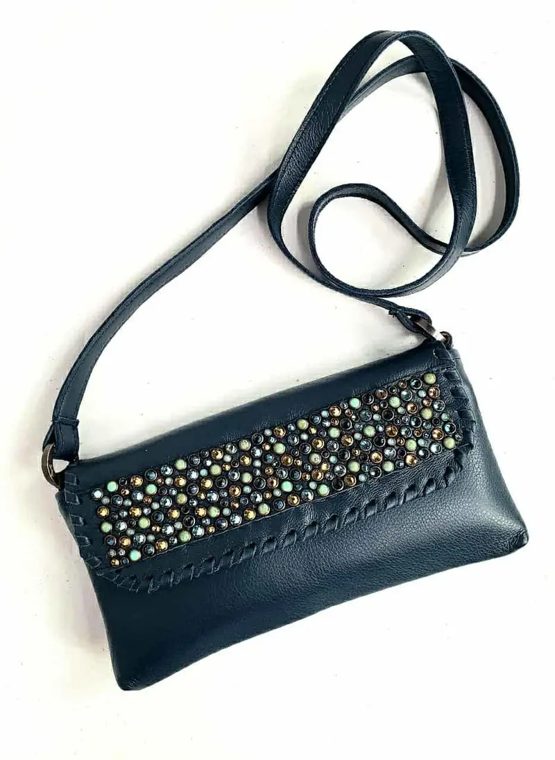 Kurtmen Navy Turquoise Pearl Clutch And Crossbody Bag 1