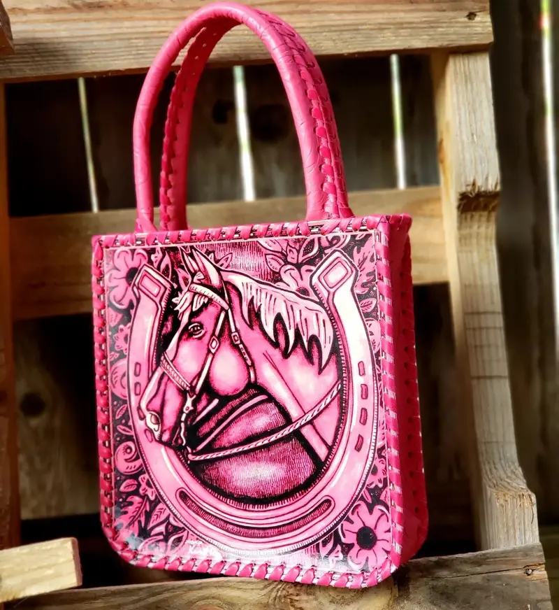 Kurtmen Pink Horse Head Tooled Petite Traveler Tote 1
