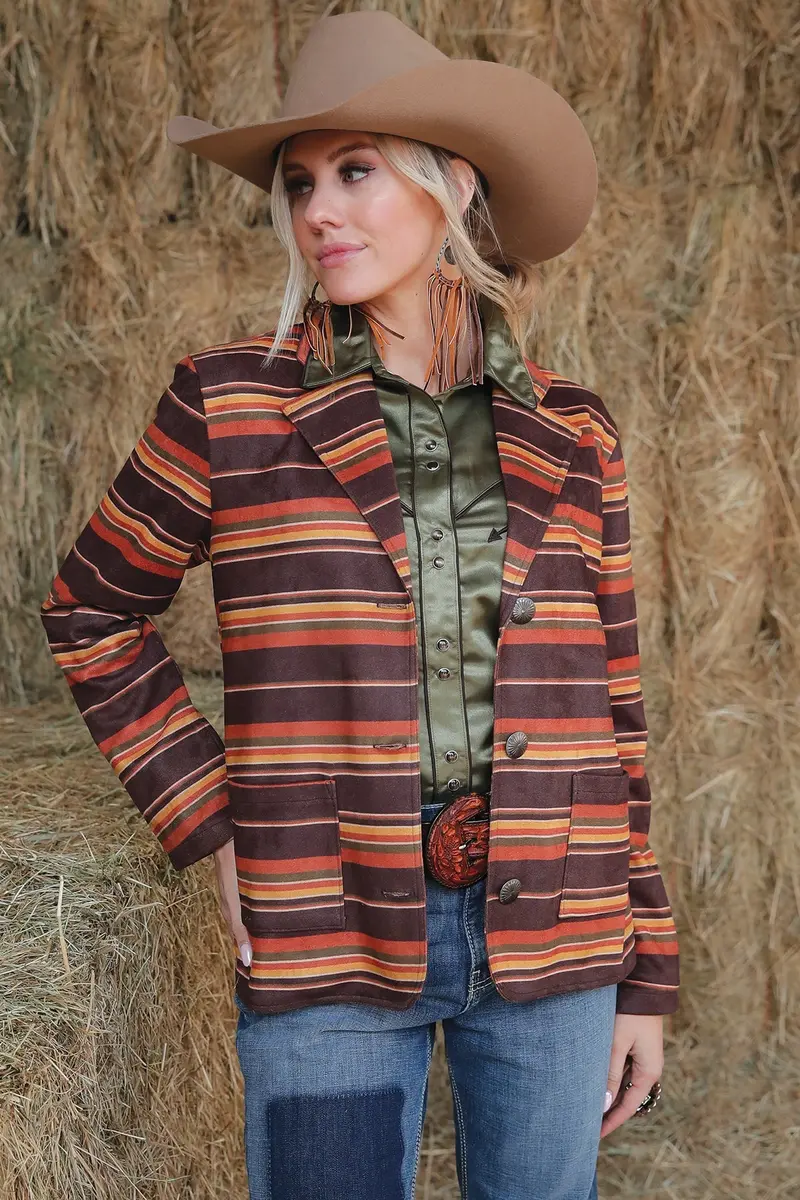 Ladies Brown Multi Stripe Faux Suede Blazer 1