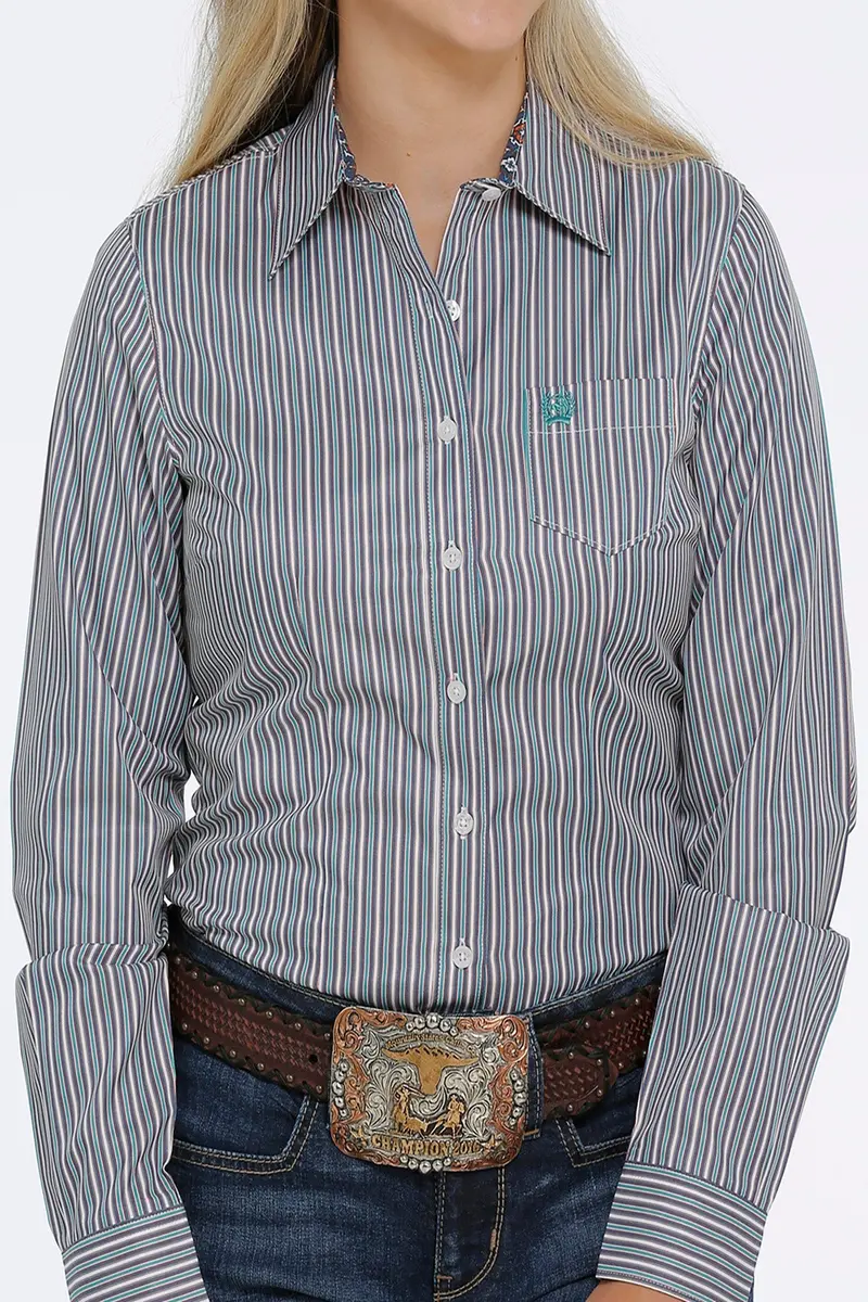 Ladies Green Stripe Long Sleeve Cinch Shirt 1