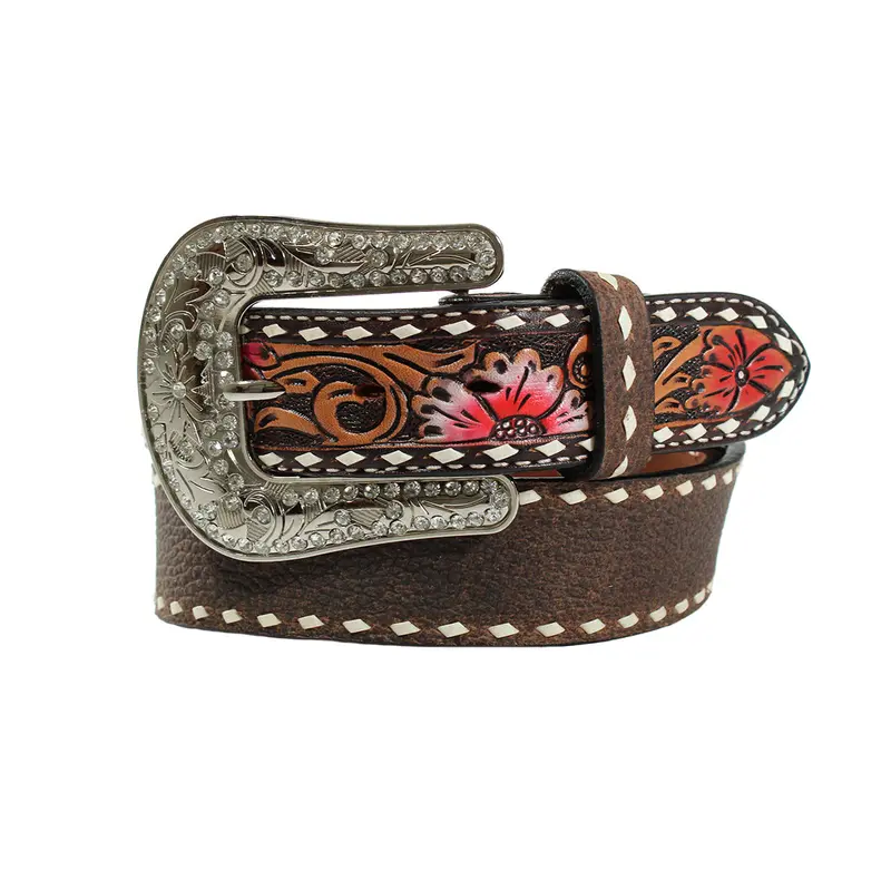 Ladies Handpainted Floral & Buckstitch Belt 1