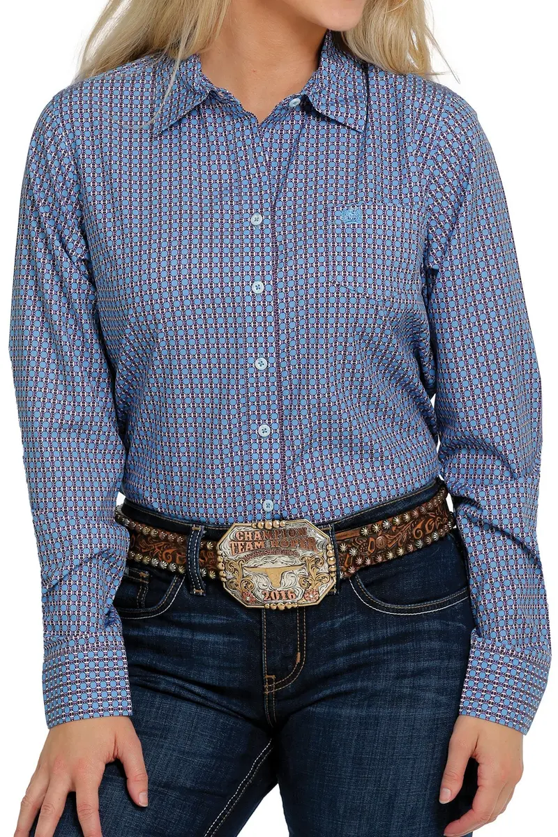 Ladies Light Blue Arenaflex Cinch Long Sleeve Shirt 1