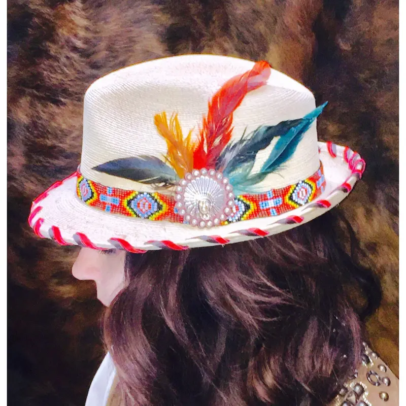 Ladies Palm Fedora With Red Beaded Band 1