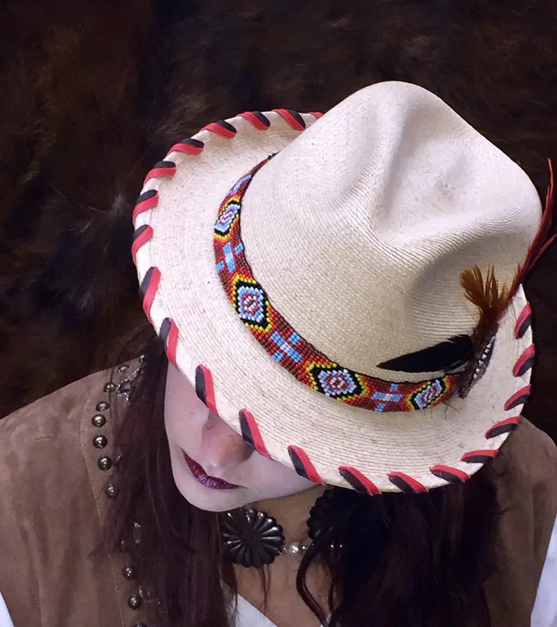 Ladies Palm Fedora With Red Beaded Band 2