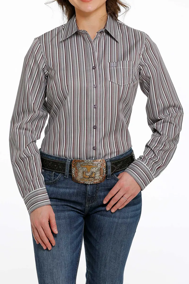 Ladies Purple Stripe Cinch Long Sleeve Shirt 1