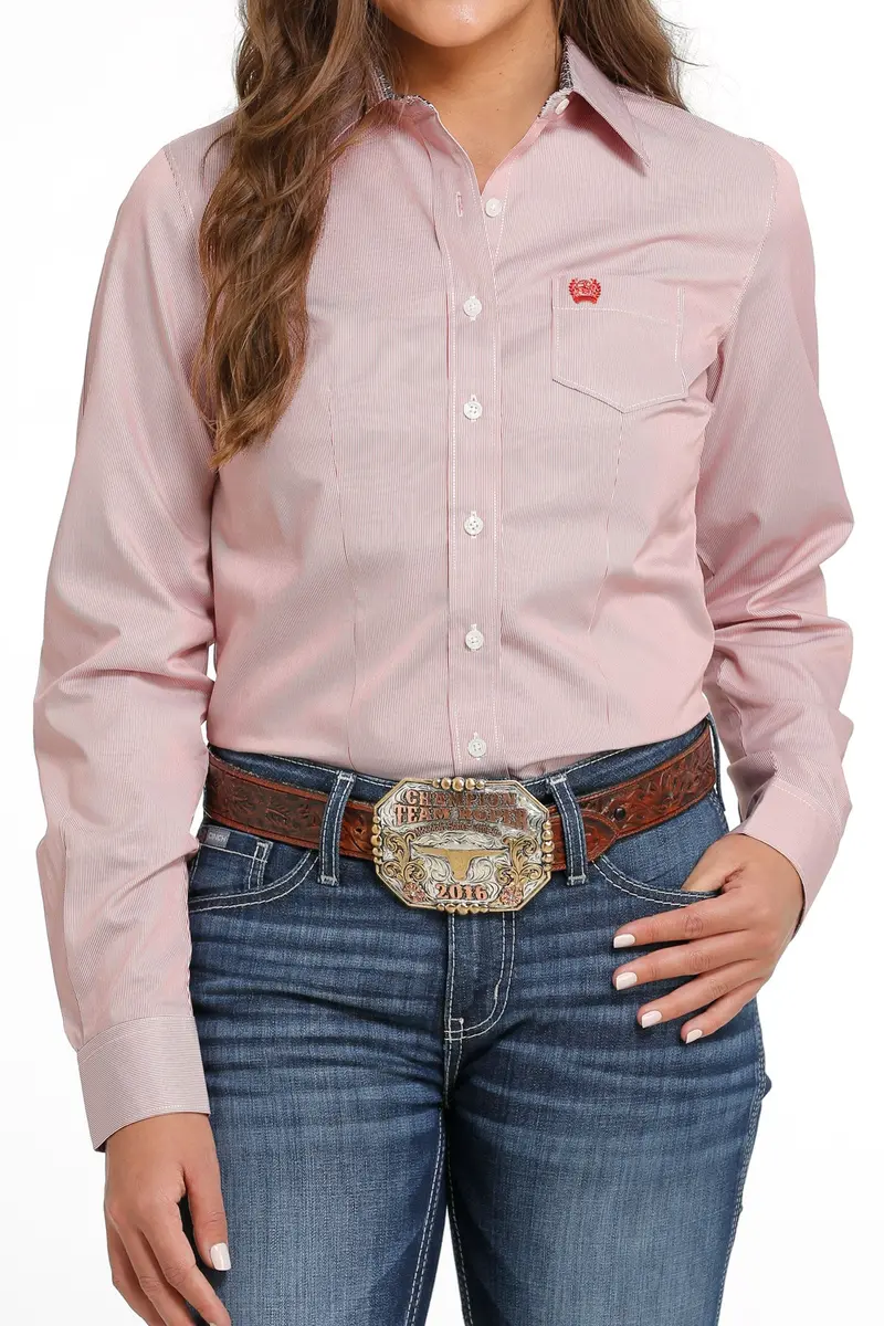 Ladies Red Small Stripe Cinch Long Sleeve Shirt 1
