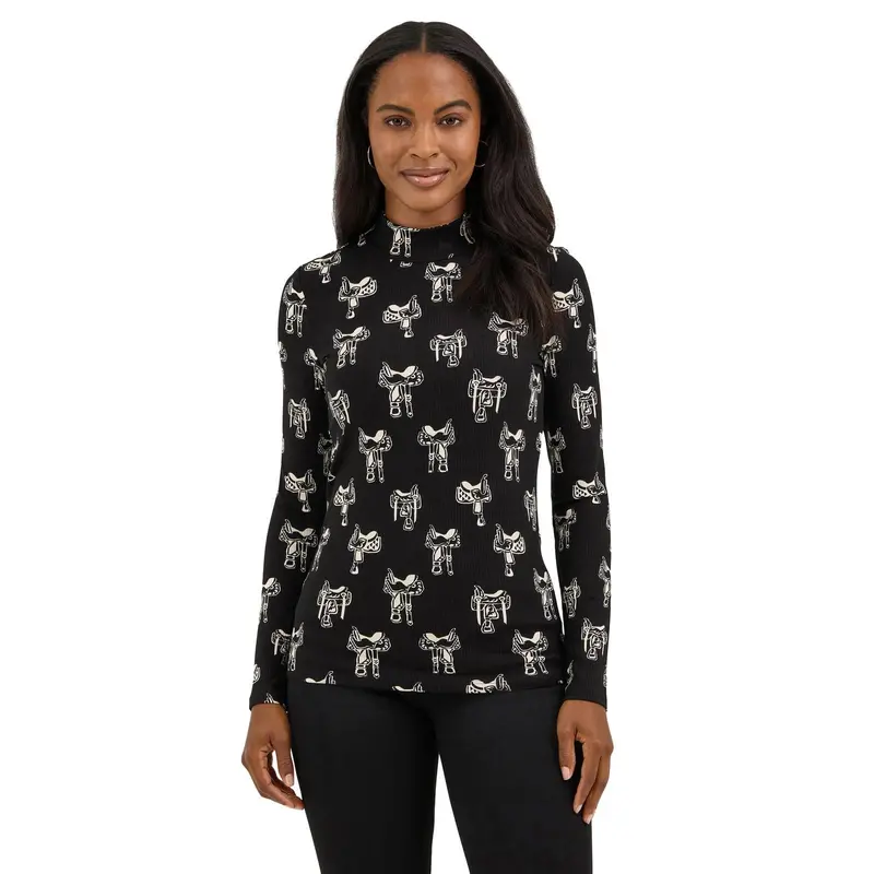 Ladies Saddle Print Mock Neck Knit Shirt 1
