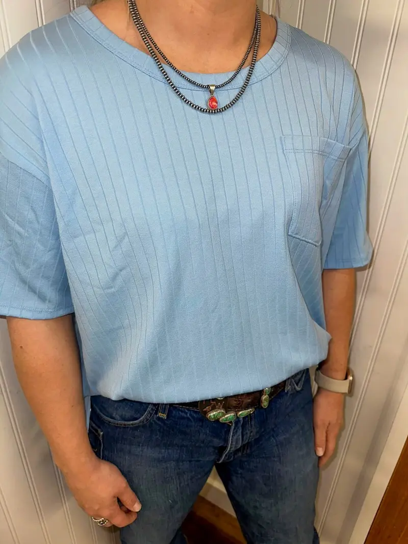 Ladies Sky Blue Ribbed Pocket Tee 1
