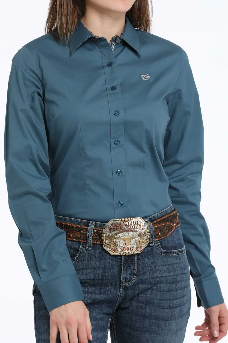 Ladies Teal Button Long Sleeve Shirt 1
