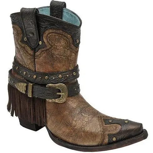 Ld Metallic Cognac Strap With Fringe & Studs Ankle Boot C2880 1