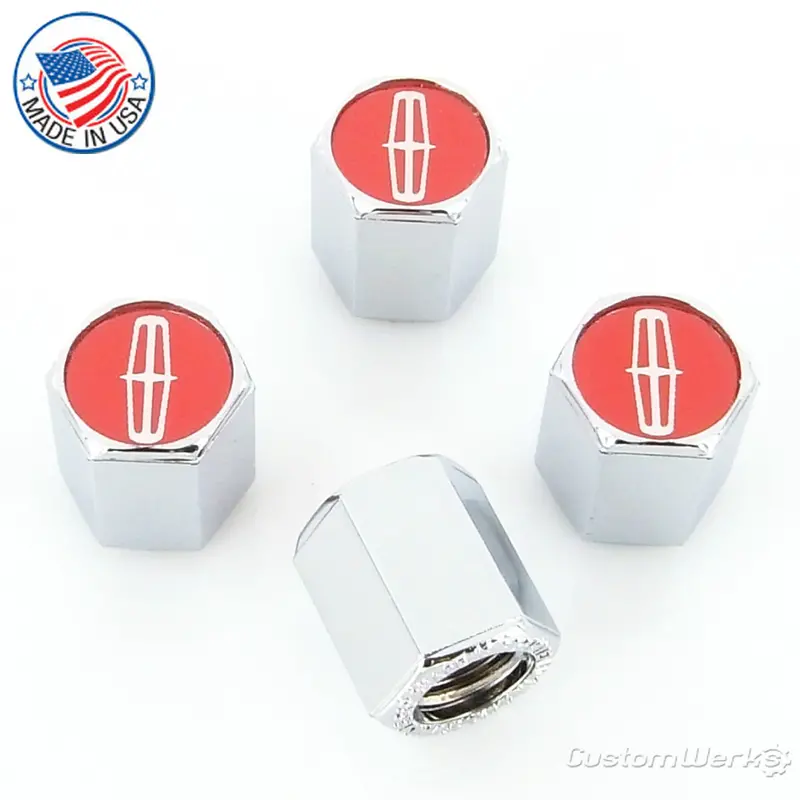 Lincoln Logo Tire Stem Valve Caps (Chrome On Red) 1