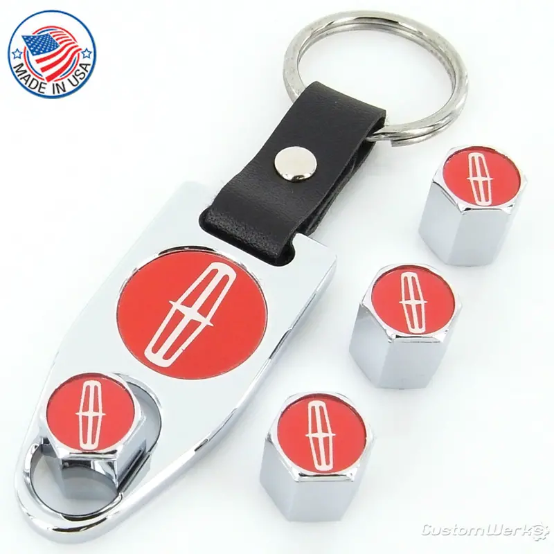 Lincoln Logo Tire Stem Valve Caps Wrench Gift Set (Red On Chrome) 1