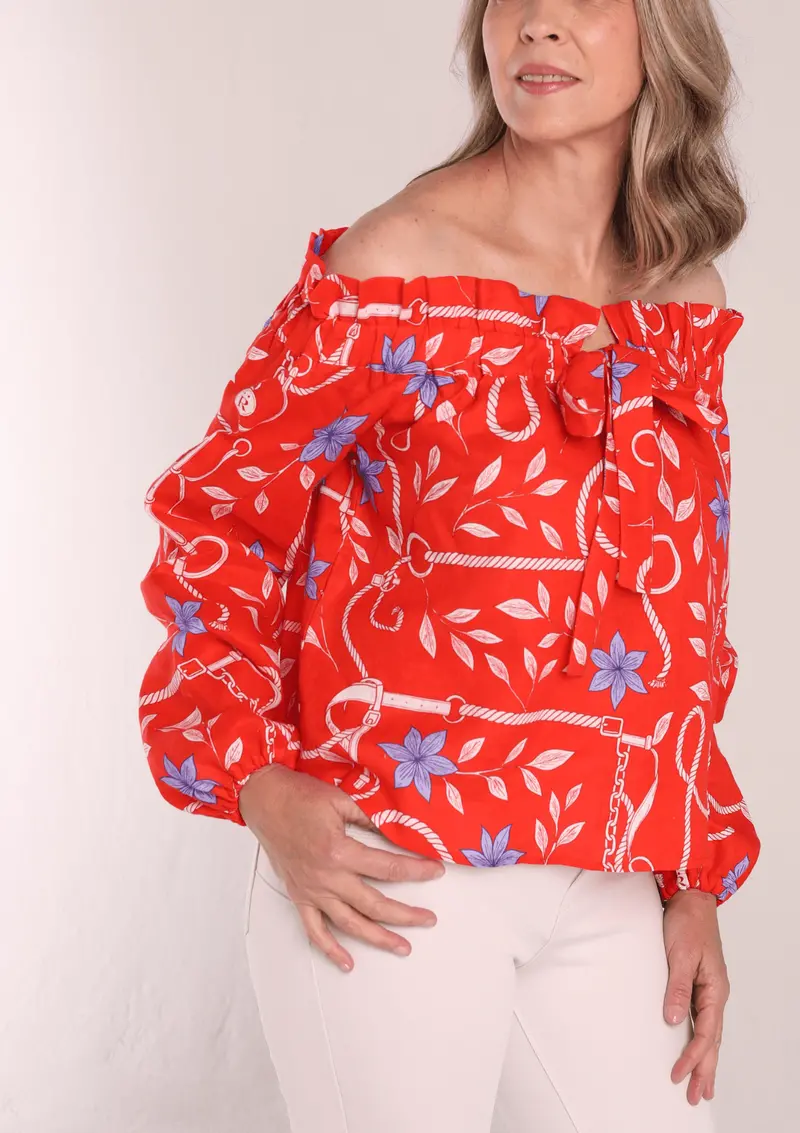 Lisette Linen Shirt | Ropes Print- Poppy Red 1