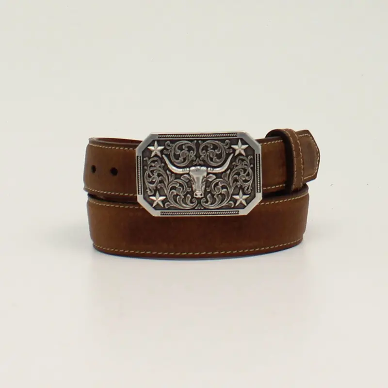 Longhorn Buckle Distressed Grain Kids Belt 1
