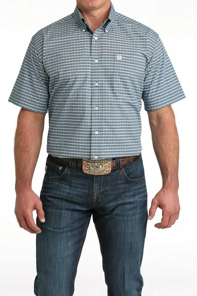 Mens Blue Plaid Cinch Short Sleeve Shirt 1