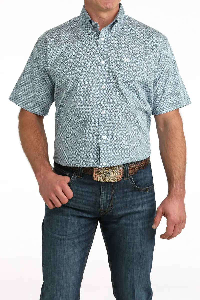 Mens Blue Print Cinch Short Sleeve Shirt 1