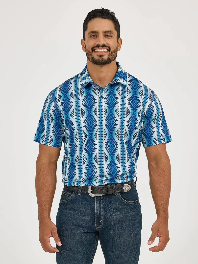 Mens Blue Print Wrangler Performance Polo Shirt 1