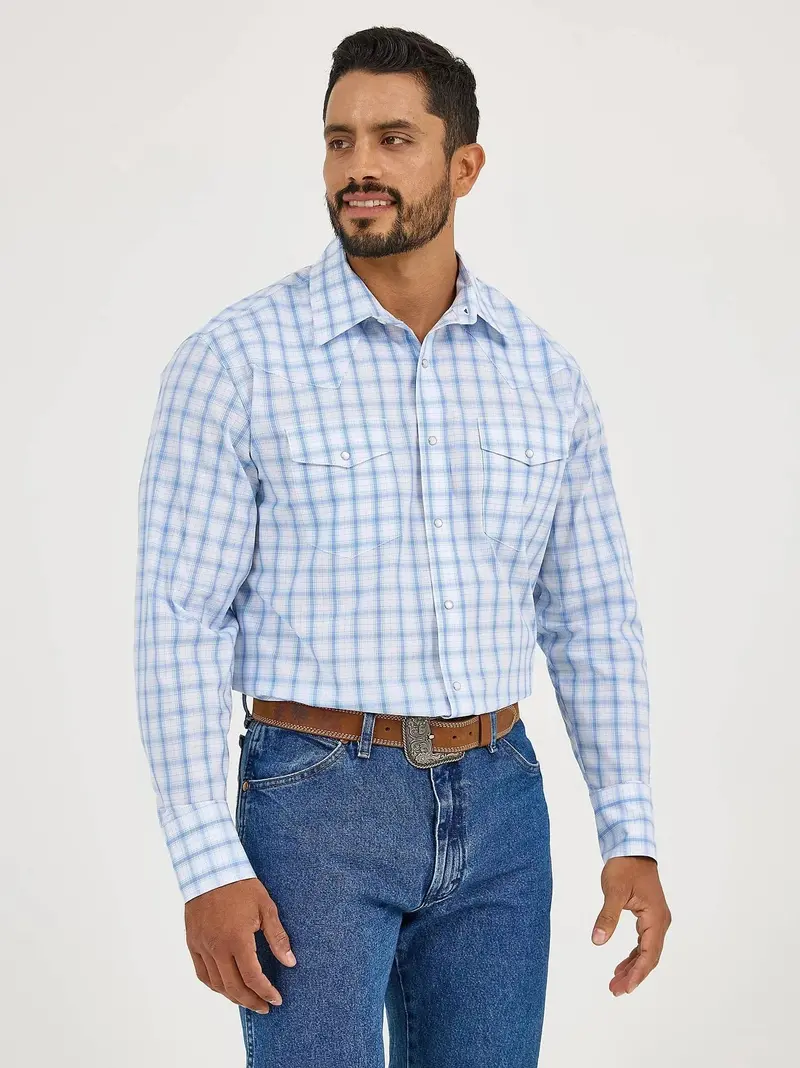 Mens Blue Wrangler Wrinkle Resist Long Sleeve Shirt 1