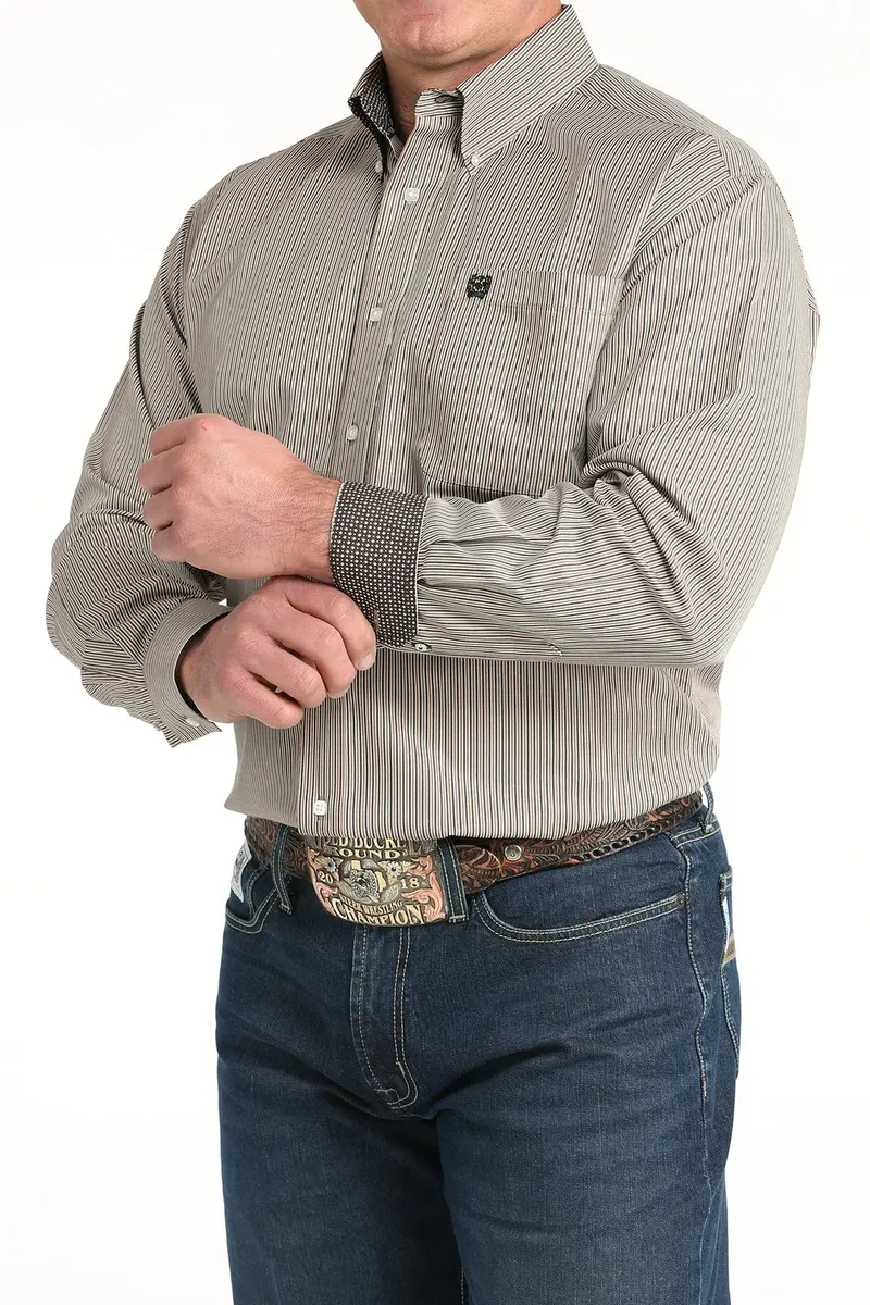 Mens Brown Stripe Cinch Long Sleeve Shirt 1
