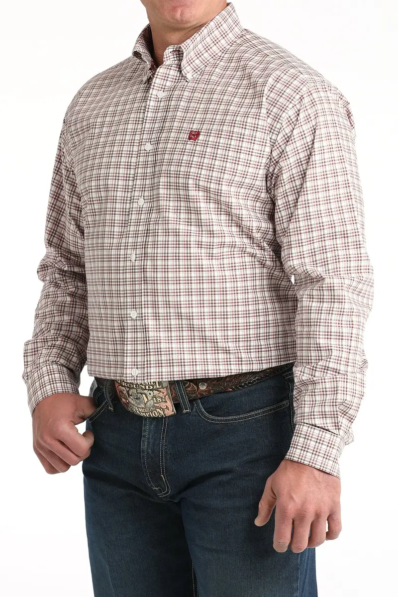 Mens Burgandy Plaid Cinch Long Sleeve Shirt 1