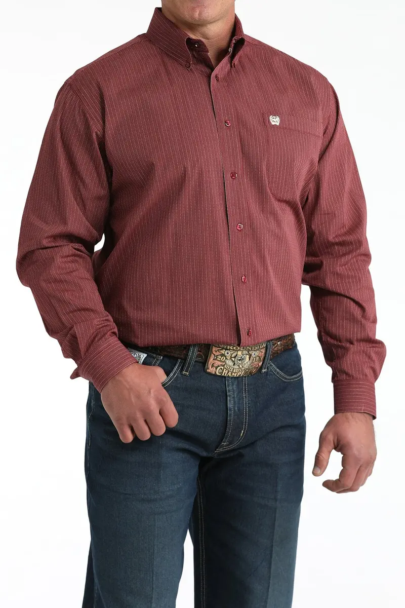 Mens Burgandy Print Cinch Long Sleeve Shirt 1