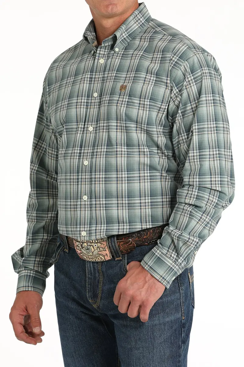 Mens Green Plaid Long Sleeve Cinch Shirt 1