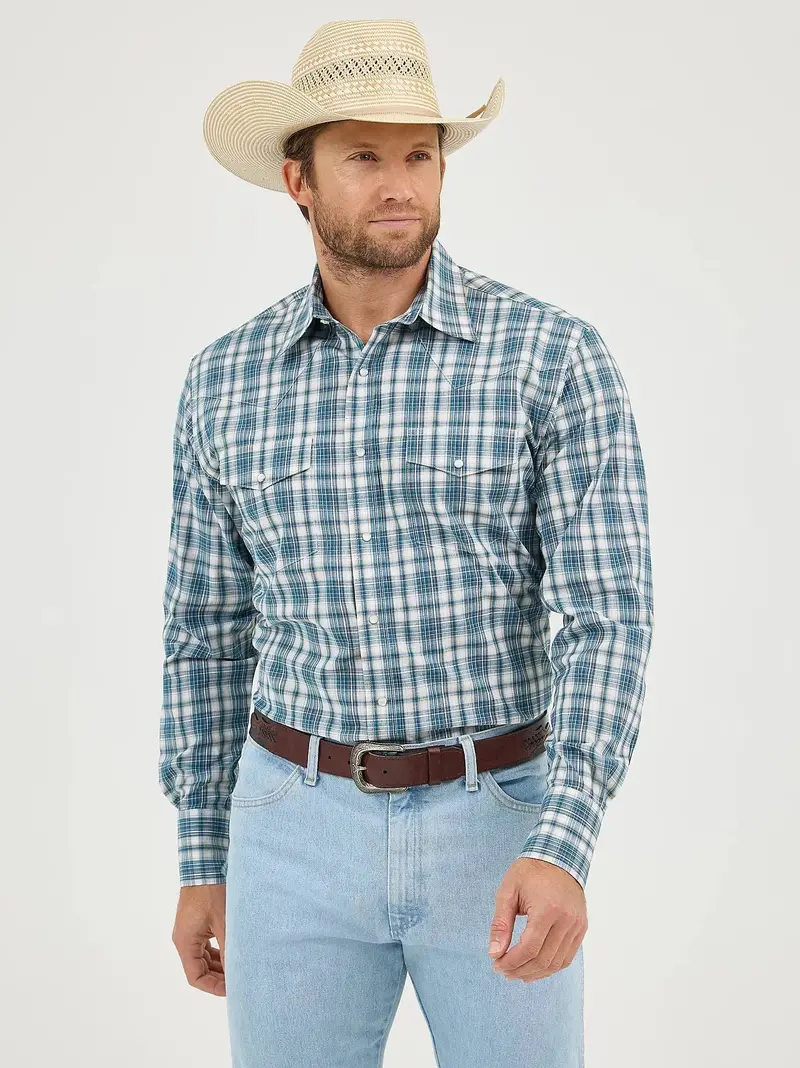 Mens Green Plaid Wrangler Wrinkle Resist Snap Shirt 1