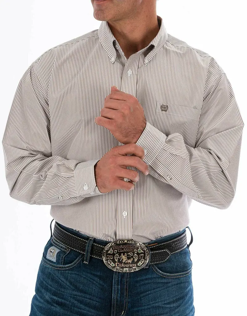 Mens Khaki Stripe Cinch Long Sleeve Shirt 1