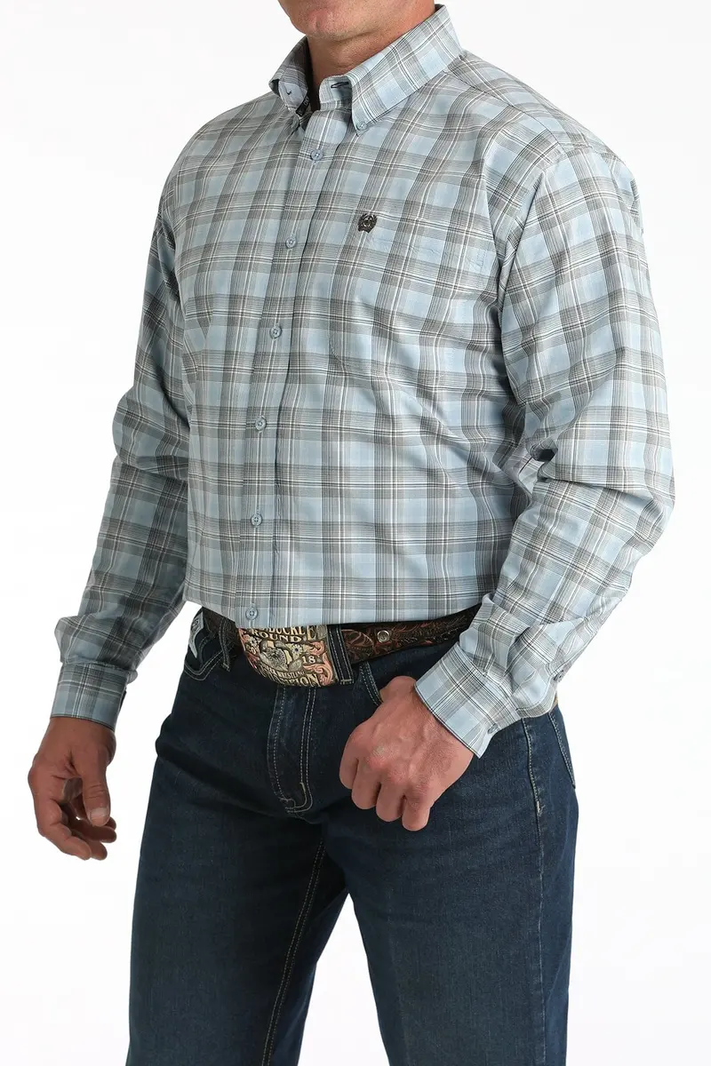 Mens Light Blue Plaid Cinch Long Sleeve Shirt 1