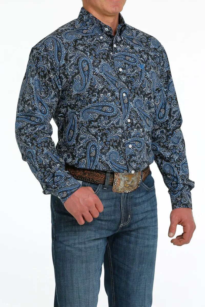 Mens Navy Print Cinch Long Sleeve Shirt 1