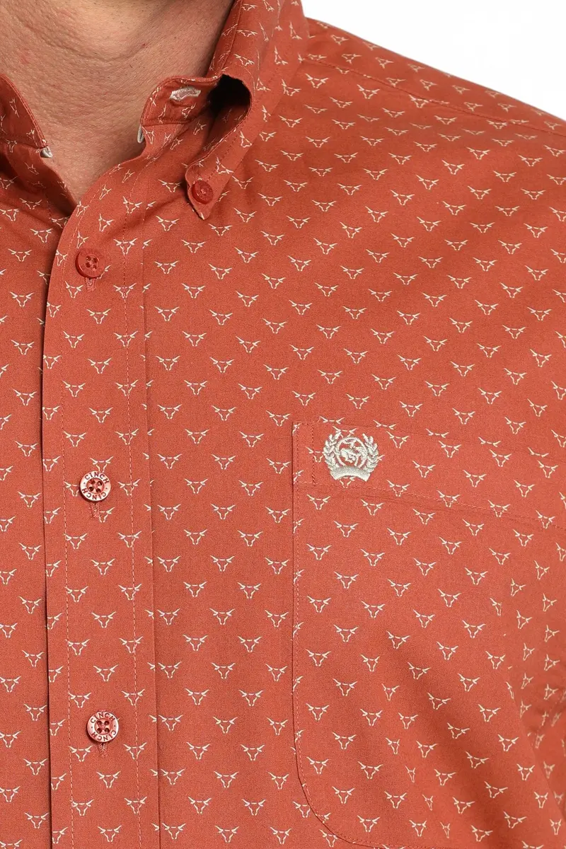 Mens Orange Steerhead Print Long Sleeve Button Shirt 2