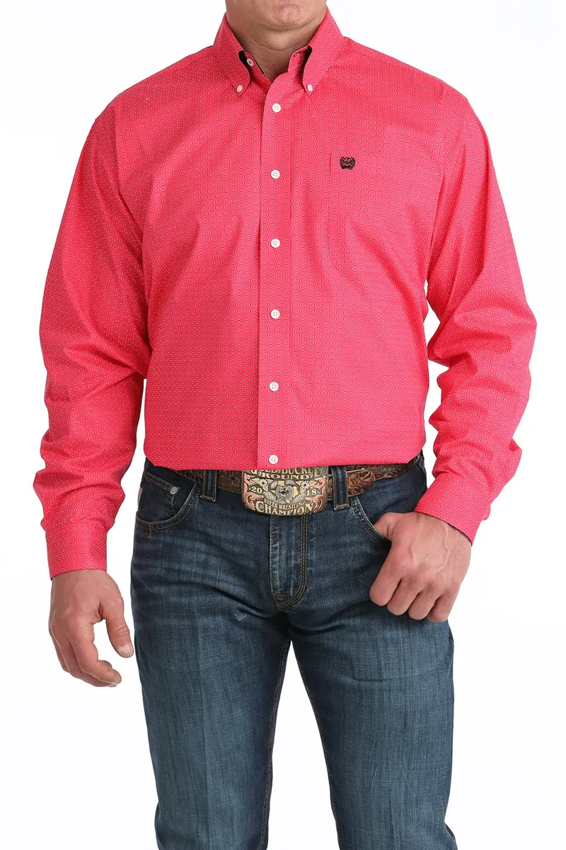 Mens Pink Print Cinch Long Sleeve Shirt 1
